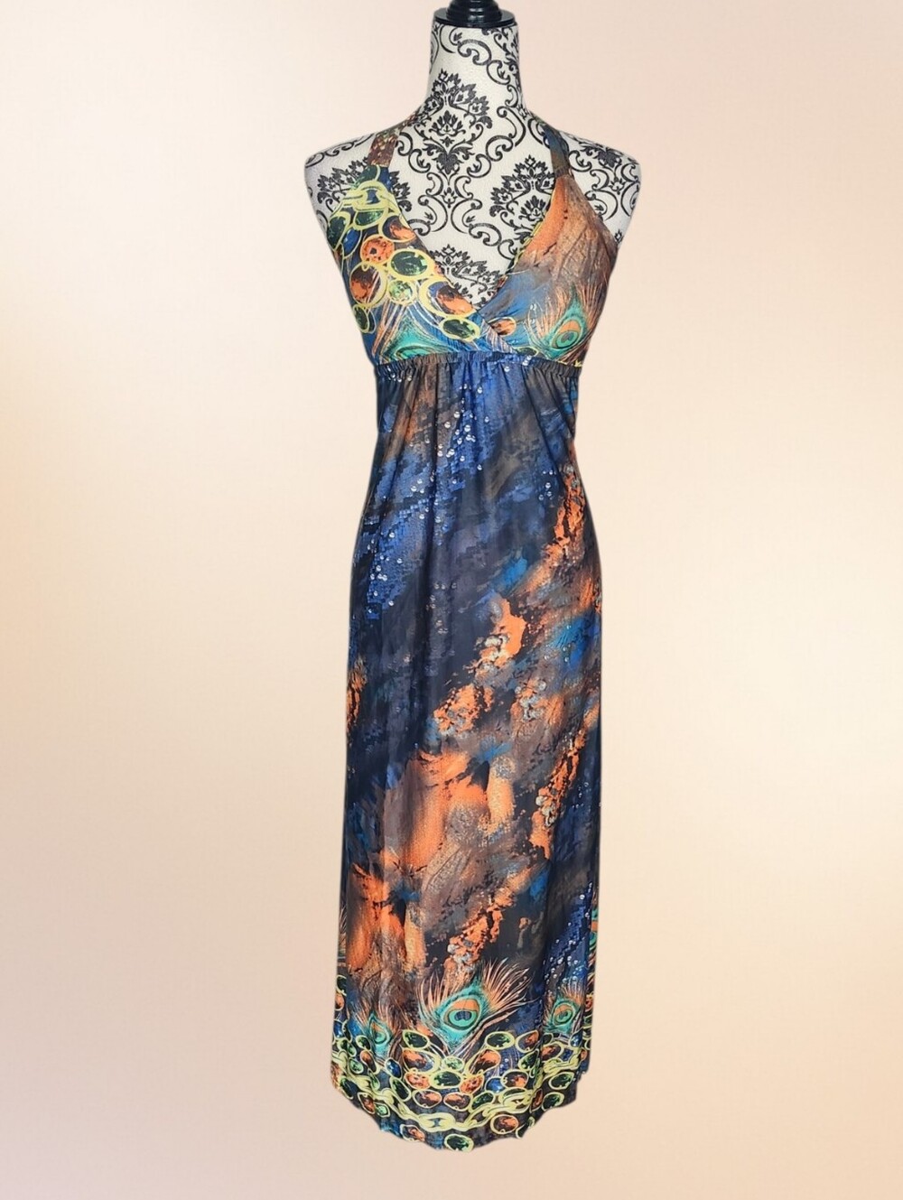 UNKNOWN Peacock Print Halter Maxi Dress - See Measurements